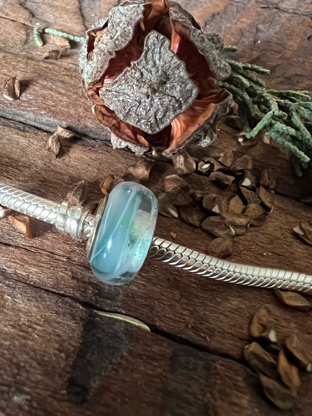 Chamilia 1x Pastel Blue Green Murano White Swirls Sea-foam Glass Charm 925